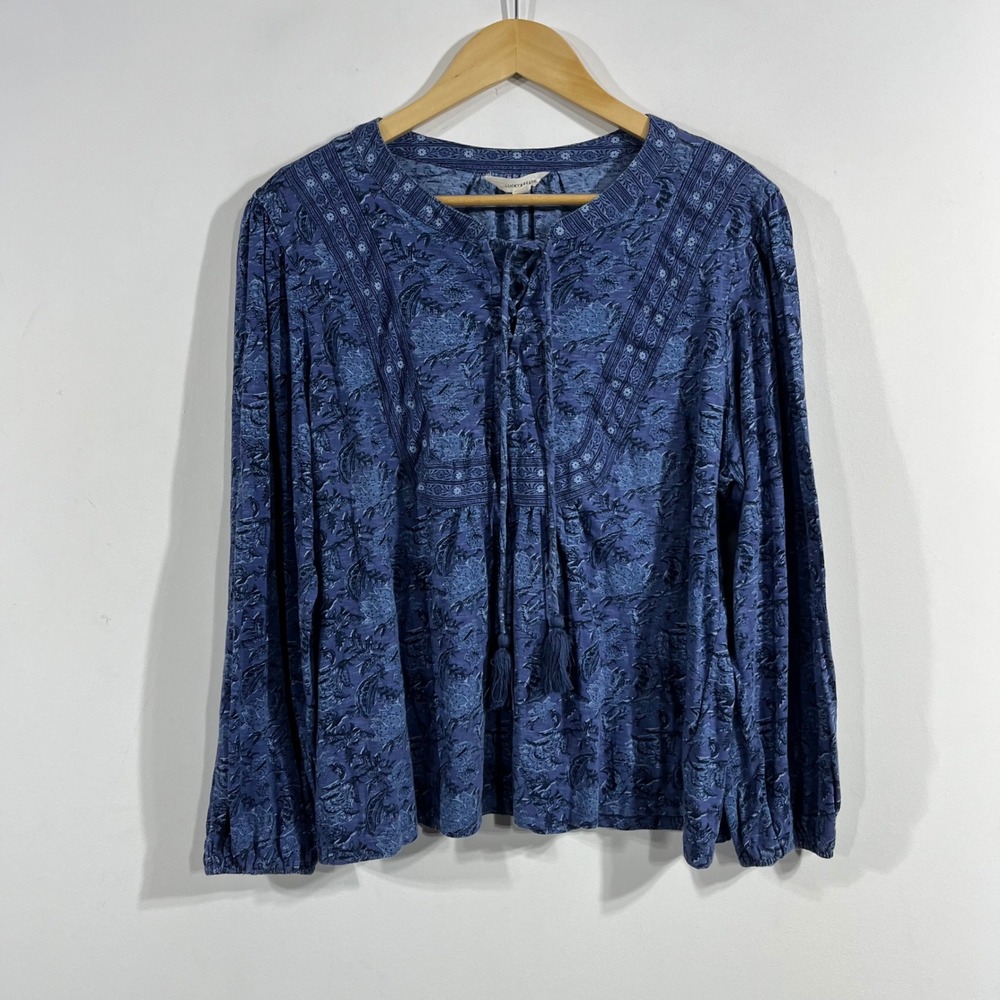 Lucky Brand Retro Floral Boho Lace Up Renfair Cotton Tassel Peasant Top Size XL